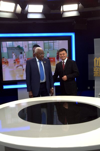 IAAF President Lamine Diack with Jiang Heping in one of the production studios at CCTV Tower / Photo: IAAF