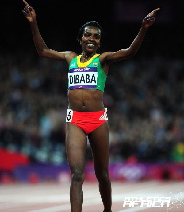 Tirunesh Dibaba (Ethiopia) celebrates after winning the 10,000m women Gold at the London 2012 Olympics / Photo Credit: LOCOG
