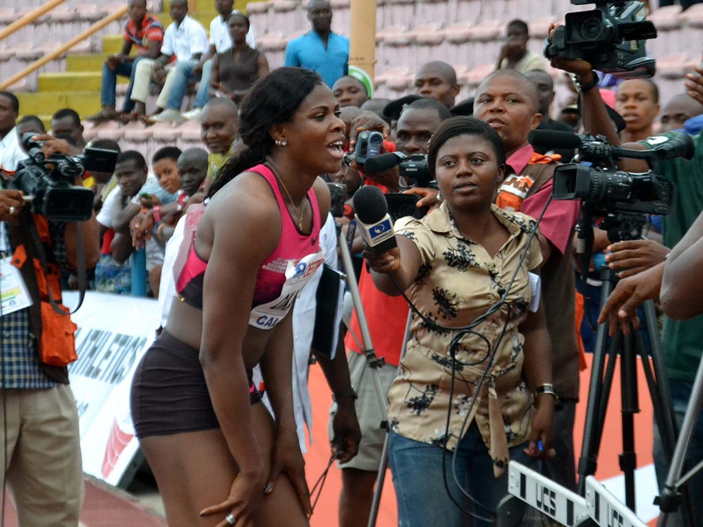 Blessing Okagbare speaking to the media in Calabar 2013 / Photo: @Shengolpixs