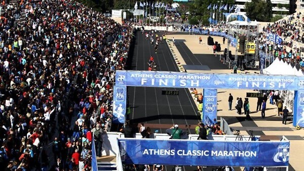 The unique finish inside the Panathinaikon Stadium in Athens. Photo credit: Athens Classic Marathon