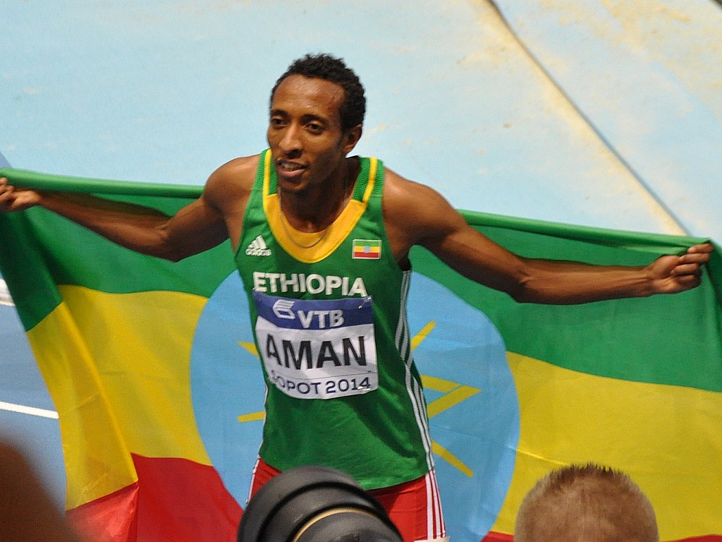 Mohammed Aman celebrates winning the 800m Men in Sopot 2014/ Photo credit: Yomi Omogbeja