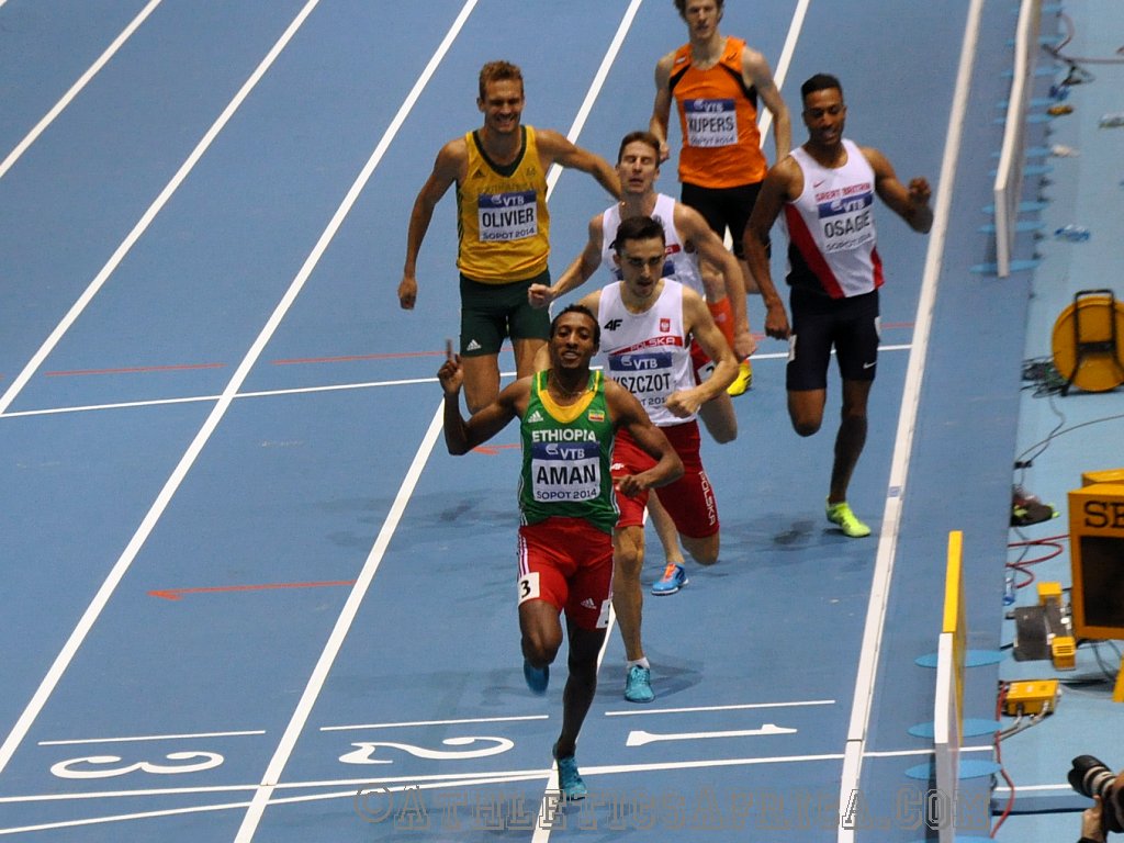 Aman wins in Sopot 2014 Mohammed Aman celebrates winning the 800m Men in Sopot 2014/ Photo credit: Yomi Omogbeja