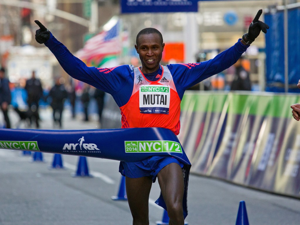 Geoffrey Mutai of Kenya crossed the finish line on Sunday to win the New York City Half Marathon. Credit Craig Ruttle/Associated Press