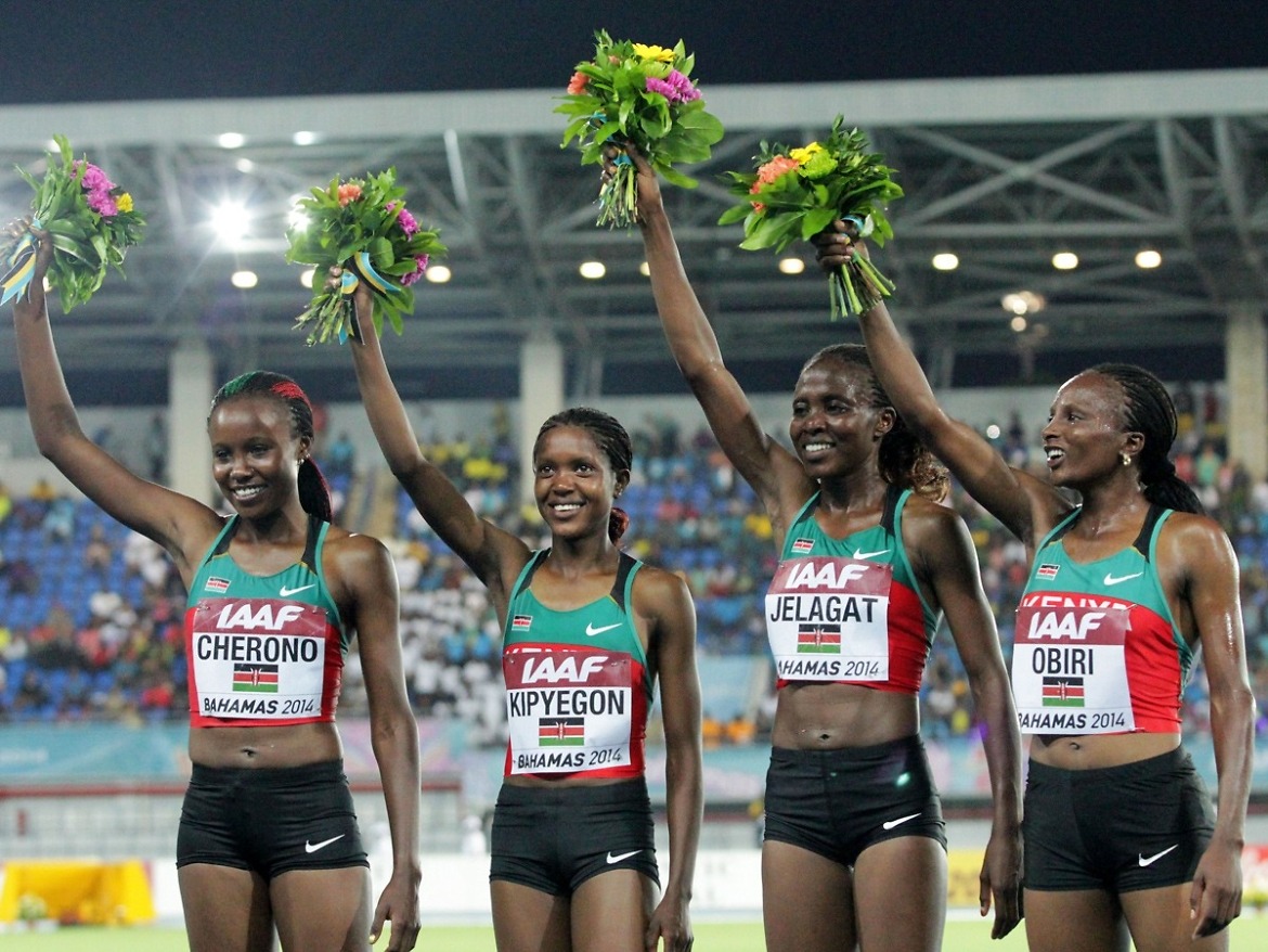 Kenya’s women’s 4x1500m quartet, Mercy Cherono, Faith Kipyegon, Irene Jelagat and Hellen Obiri celebrate after setting the World Record / Photos credit: Derek Smith