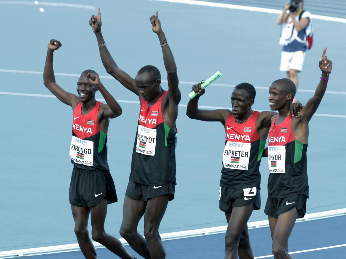 Kenyans Sammy Kibet, Job Koech Kinyor, Ferguson Cheruiyot Rotich and Kirongo Alfred Kipketer celebrate after winning the mens 4x800 metres relay / Photos credit: Derek Smith