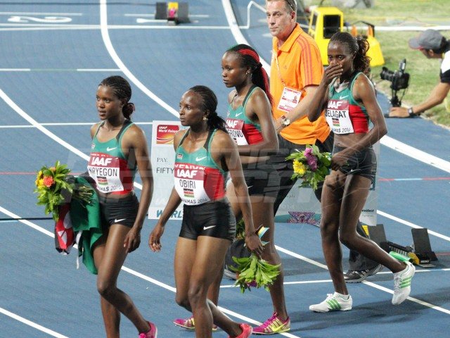 Kenya’s women’s 4x1500m quartet, Mercy Cherono, Faith Kipyegon, Irene Jelagat and Hellen Obiri celebrate after setting the World Record / Photos credit: Derek Smith