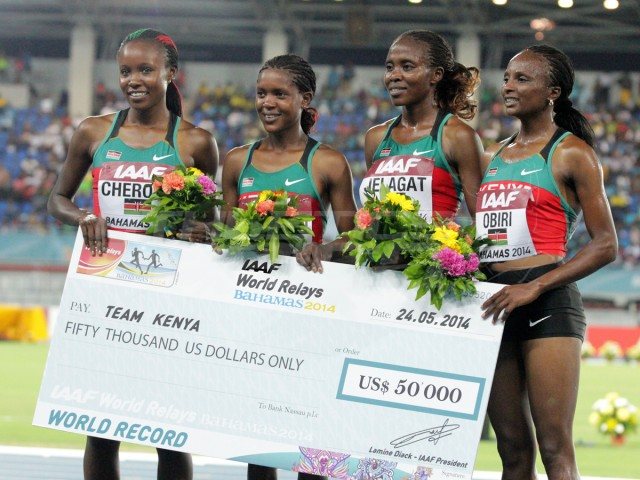 Kenya’s women’s 4x1500m quartet, Mercy Cherono, Faith Kipyegon, Irene Jelagat and Hellen Obiri celebrate after setting the World Record / Photos credit: Derek Smith