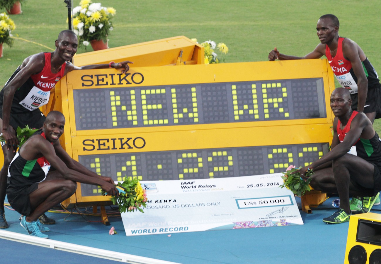 Kenya's quartet of Collins Cheboi, Silas Kiplagat, James Magut and Asbel Kiprop sets a new World record of 14:22.22 in the Men's 4x1500m / Photo credit: Derek Smith