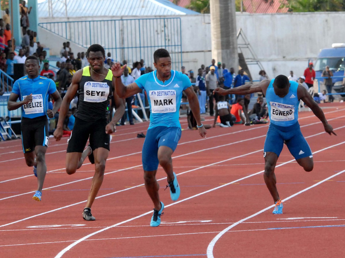Mark Jelks winning the Men's 100m ahead of Mozavous Arkezes Edwards, Egwero Ogho-Oghene and Seye Ogunlewe at the 68th All-Nigerian Athletics Championships in Calabar.