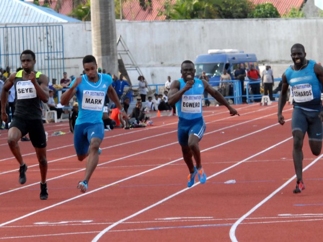 Mark Jelks winning the Men's 100m ahead of Mozavous Arkezes Edwards, Egwero Ogho-Oghene and Seye Ogunlewe at the 68th All-Nigerian Athletics Championships in Calabar.