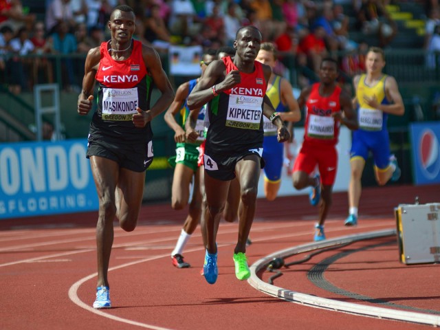 Kenyan Alfred Kipketer leading his countryman Joshua Tiampati Masikonde a podium 1-2 in the men’s 800m at the 2014 IAAF World Junior Championships - Oregon 2014 / Photo credit: TrackTown Photo