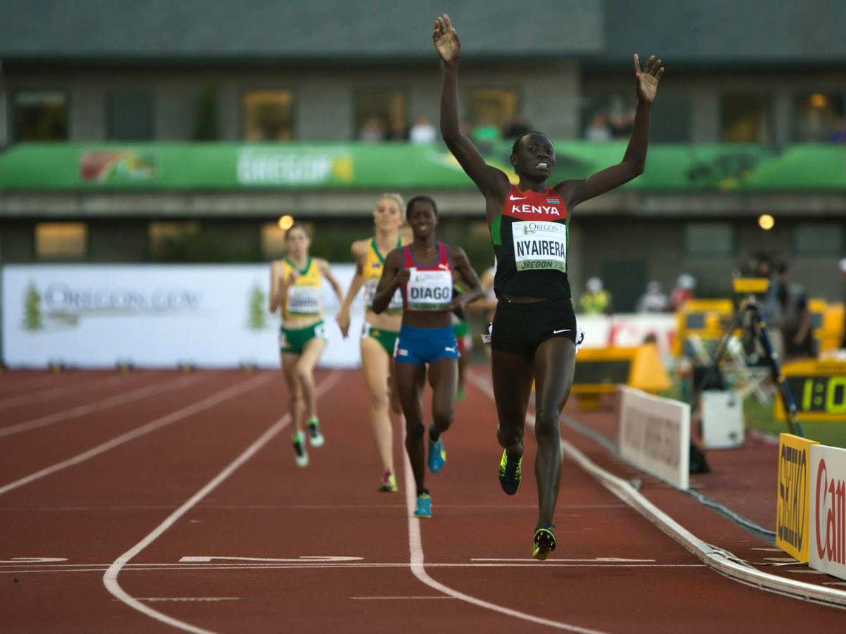 Kenyan Margaret Nyairera wins the women's 800m in a personal best time of 2:00.49 at the 2014 IAAF World Junior Championships - Oregon 2014. Photo credit: Jeffrey Mercado