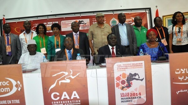 CAA President, Hamad Kalkaba Malboum flanked by Mrs Hauwa-Kulu Akinyemi, Director, Nigerian Sports Commission, CAA Vice President, Theophile Montcho and other dignitaries during the signing ceremony at the Grand Stade de Marrakech/Photo credit: Yomi Omogbeja