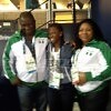 Hon. Gbenga Elegbeleye, DG, National Sports Commission and his wife celebrates with Ese Brume on her golden feat at the Hampden Park in Glasgow / Photo credit: Yomi Omogbeja