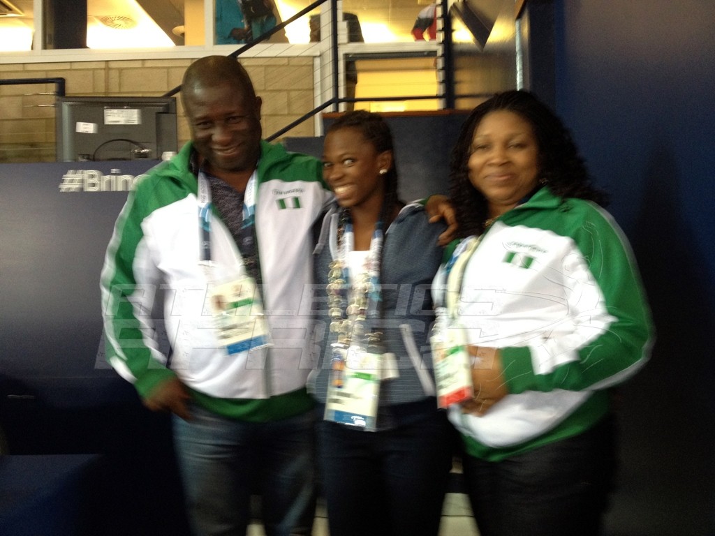 Hon. Gbenga Elegbeleye, DG, National Sports Commission and his wife celebrates with Ese Brume on her golden feat at the Hampden Park in Glasgow / Photo credit: Yomi Omogbeja