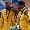 South African long jumper Zarck Visser, flanked by compatriots Khotso Mokoena and Rushwal Samaai, after winning the gold medal at the African Senior Athletics Championships in Marrakech, August 2014. / Photo credit: Yomi Omogbeja