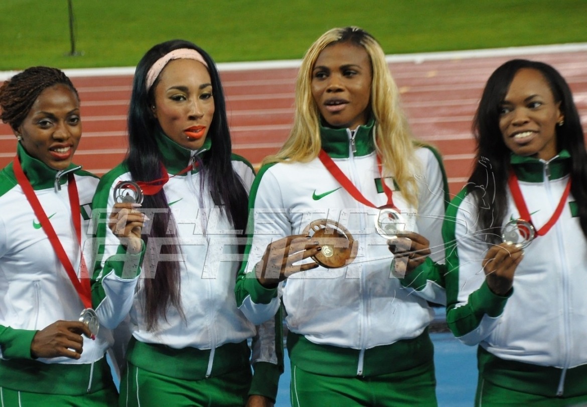 Nigerian women's team of Gloria Asumnu, Blessing Okagbare, Dominique Duncan and Lawretta Ozoh, won the silver medal in 4x100m relay at the 2014 Commonwealth Games in Glasgow. Photo credit: Yomi Omogbeja