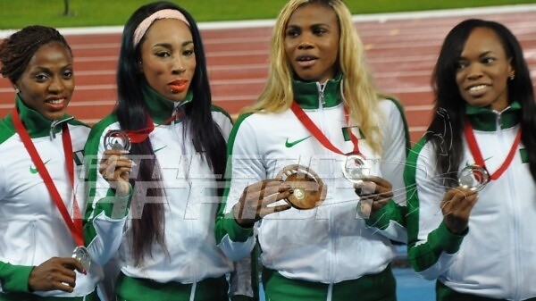 Nigerian women's team of Gloria Asumnu, Blessing Okagbare, Dominique Duncan and Lawretta Ozoh, won the silver medal in 4x100m relay at the 2014 Commonwealth Games in Glasgow. Photo credit: Yomi Omogbeja