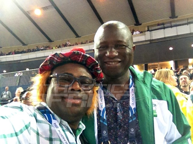 Our Editor takes a selfie with Hon. Gbenga Elegbeleye, the Director General of National Sports Commission Abuja at the Hampden Park in Glasgow / Photo credit: Yomi Omogbeja