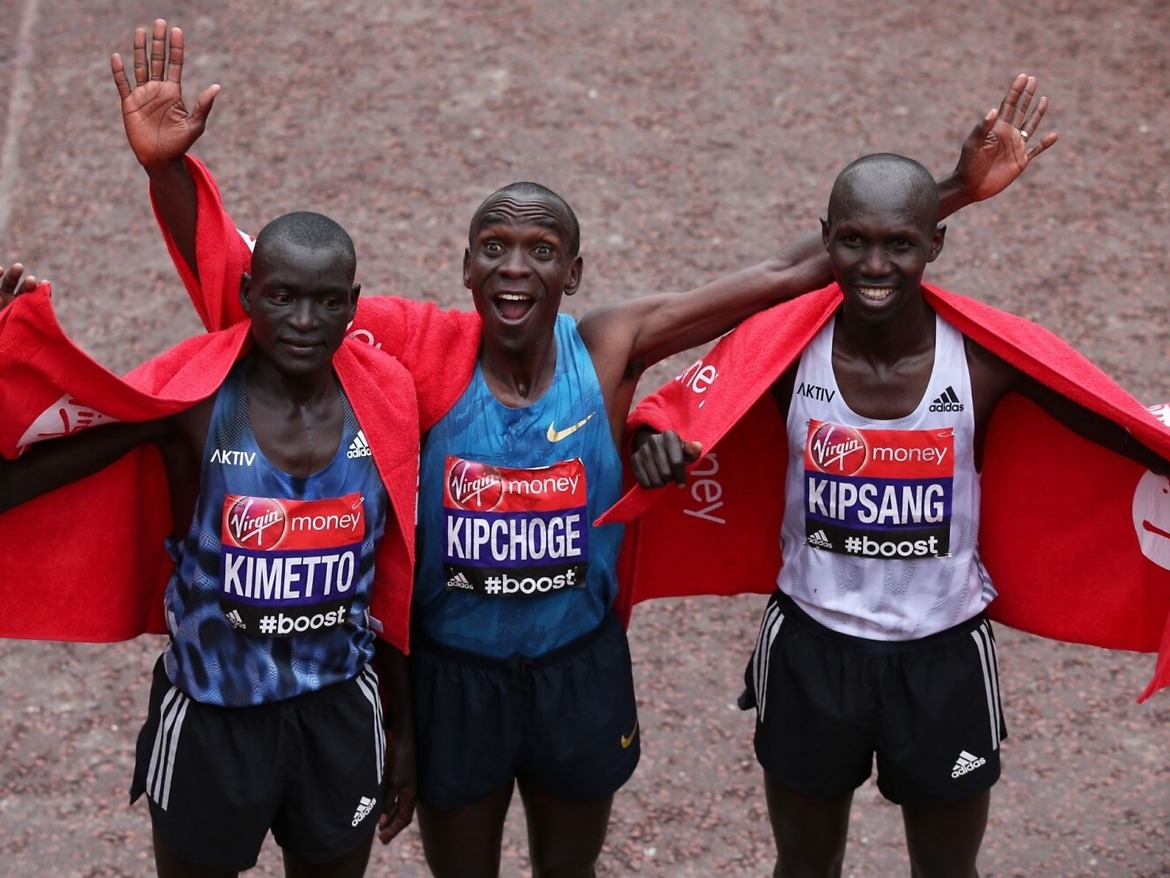 The Kenyan podium at the 35th London marathon