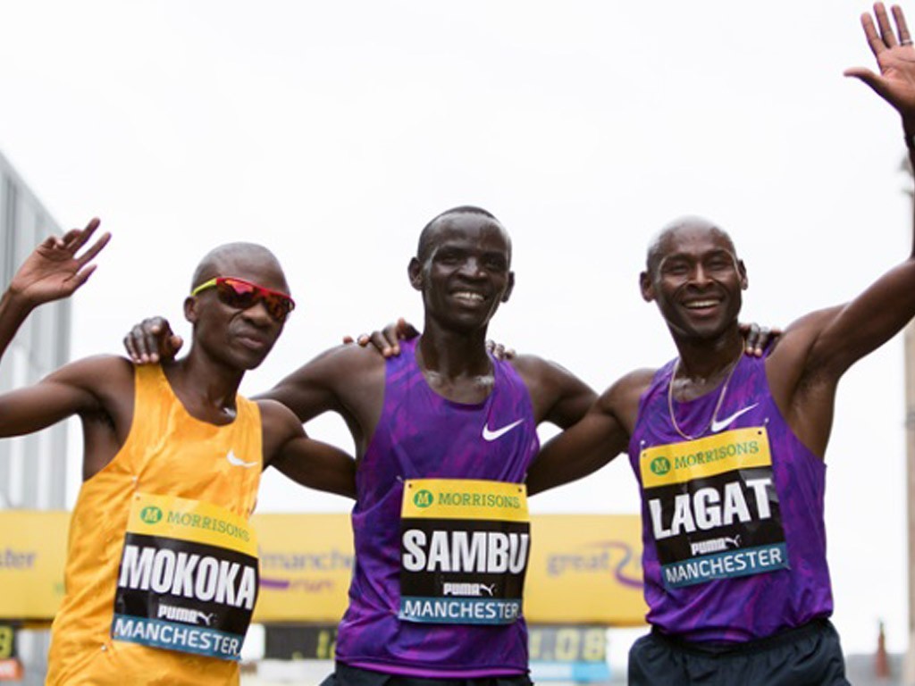 The men's top three - Sambu, Mokoka and Lagat - at the 2015 Morrisons Great Manchester Run / Photo Credit: Great Run