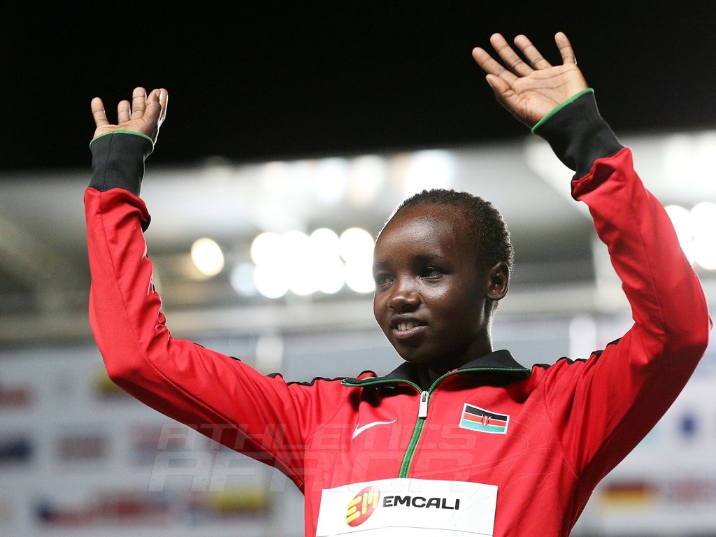 Celliphine Chepteek Chespol of Kenya, gold medal, celebrates on the podium after the Girls 2000m Steeplechase final on day three of the IAAF World Youth Championships, Cali 2015 on July 17, 2015 in Cali, Colombia. (Photo by Patrick Smith/Getty Images for IAAF)