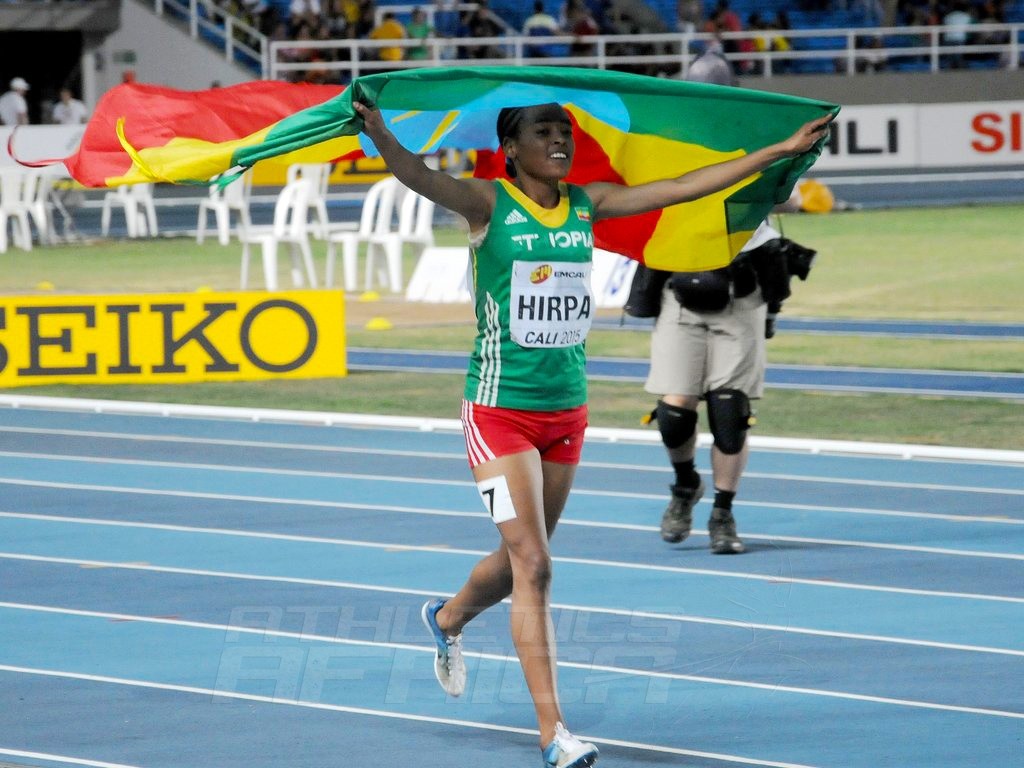 Bedatu Hirpa winning the girls' 1500m at the IAAF World Youth Championships, Cali 2015 / Photo Credit: Getty Images for the IAAF.