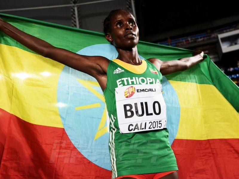 Shuru Bulo of Ethiopia celebrates with the Ethiopian flag after the Girls 3000 Meters Final on day one of the IAAF World Youth Championships, Cali 2015 on July 15, 2015 at the Pascual Guerrero Olympic Stadium in Cali, Colombia. (Photo by Buda Mendes/Getty Images for IAAF)
