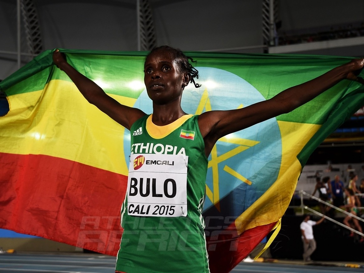 Shuru Bulo of Ethiopia celebrates with the Ethiopian flag after the Girls 3000 Meters Final on day one of the IAAF World Youth Championships, Cali 2015 on July 15, 2015 at the Pascual Guerrero Olympic Stadium in Cali, Colombia. (Photo by Buda Mendes/Getty Images for IAAF)