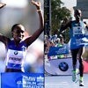 Eliud Kipchoge with his insoles flapping about and Gladys Cherono - men's and women's race winners at the 42nd BMW Berlin Marathon.