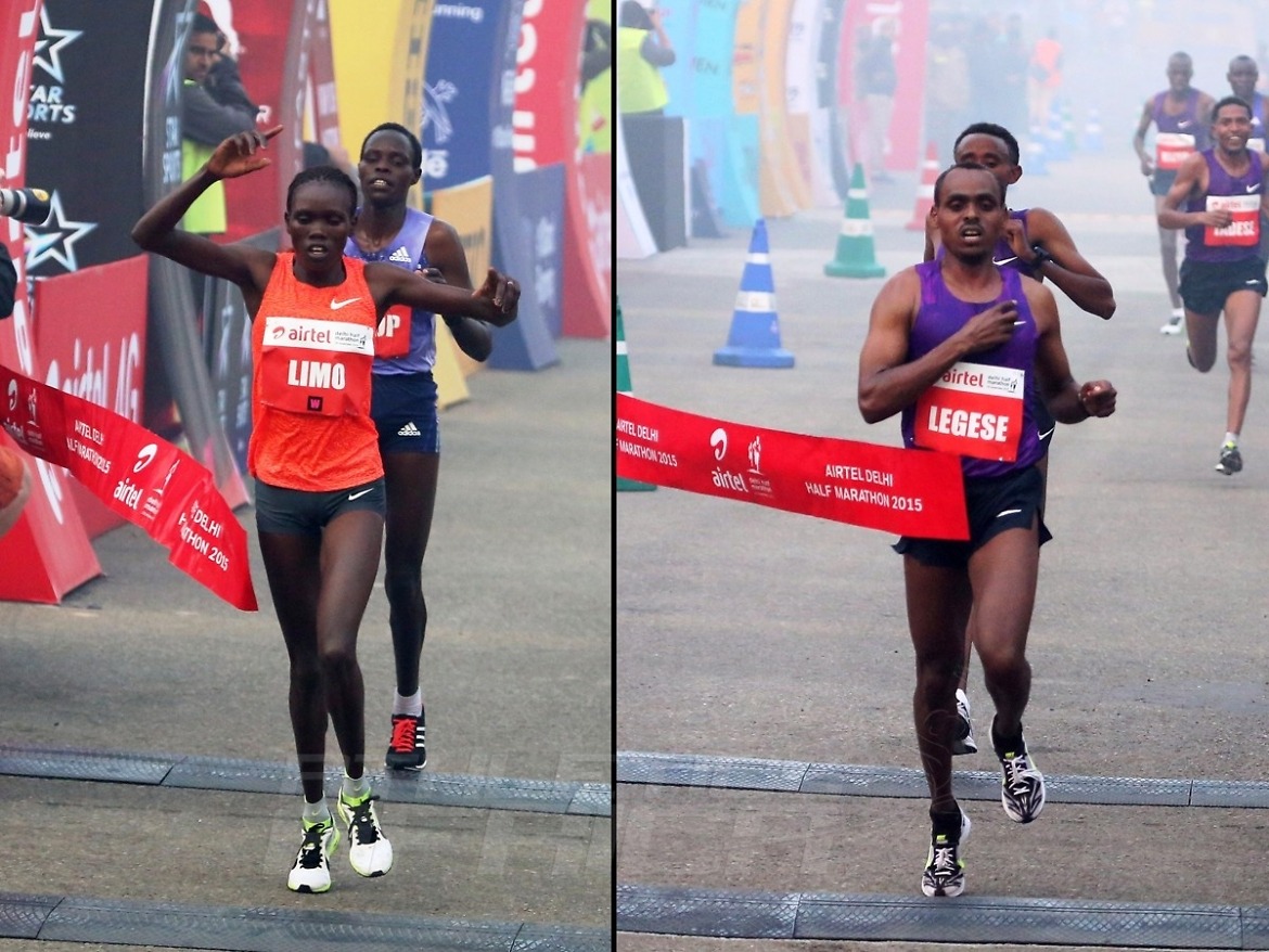 Ethiopia's Birhanu Legese and Kenya's Cynthia Limo winning at the 2015 Airtel Delhi Half Marathon on Sunday November, 29, 2015 / Photo Credit: Airtel Delhi Half Marathon
