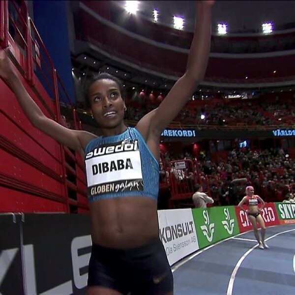 Genzebe Dibaba of Ethiopia after breaking the world indoor records in Stockholm on Wednesday February 17, 2016.