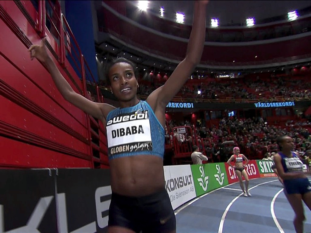 Genzebe Dibaba of Ethiopia after breaking the world indoor records in Stockholm on Wednesday February 17, 2016.