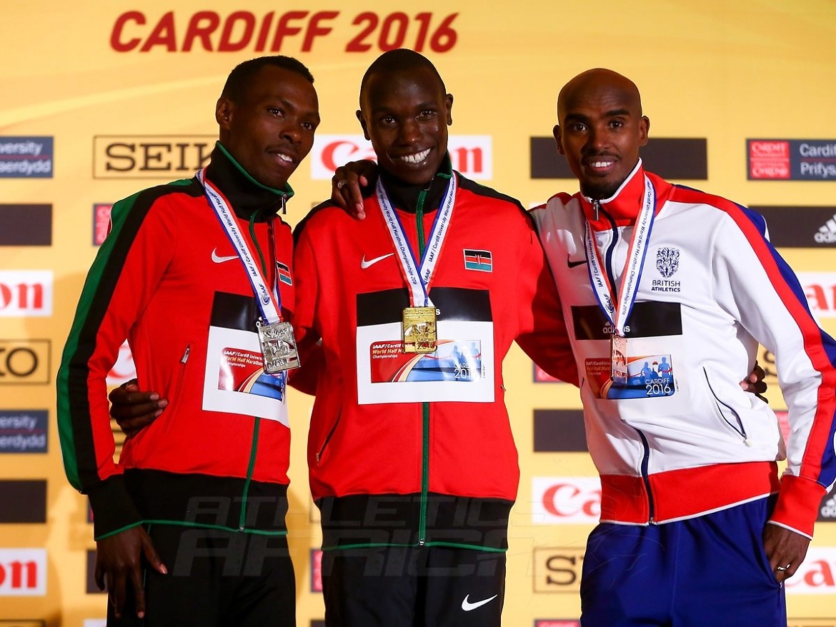 Gold medalist Geoffrey Kipsang Kamworor of Kenya (C), Silver medalist Bedan Karoki Muchiri of Kenya (L) and Bronze medalist Mo Farah of Great Britain (R) pose for a photo after winning the Men's half marathon during the IAAF/Cardiff University World Half Marathon Championships on March 26, 2016 in Cardiff, Wales. (Photo by Jordan Mansfield/Getty Images for IAAF)