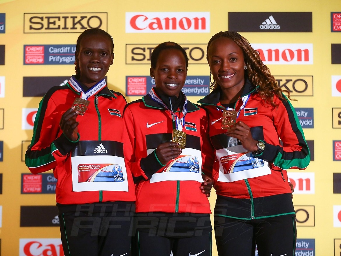 Kenya Women's team podium during the IAAF/Cardiff University World Half Marathon Championships on March 26, 2016 in Cardiff, Wales (Photo by Jordan Mansfield/Getty Images for IAAF)