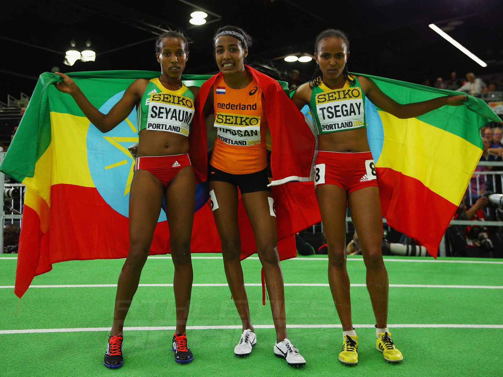 Dawit Seyaum, Sifan Hassan and Gudaf Tsegay pose for camera after the women's 1500m final at Portland 2016 / Photo credit: Getty Images for the IAAF.