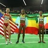 (L-R) Bronze medallist Shannon Rowbury of the United States, gold medallist Genzebe Dibaba of Ethiopia and silver medallist Meseret Defar of Ethiopia pose after the Women's 3000 Metres Final during day four of the IAAF World Indoor Championships at Oregon Convention Center on March 20, 2016 in Portland, Oregon. (Photo by Ian Walton/Getty Images for IAAF)