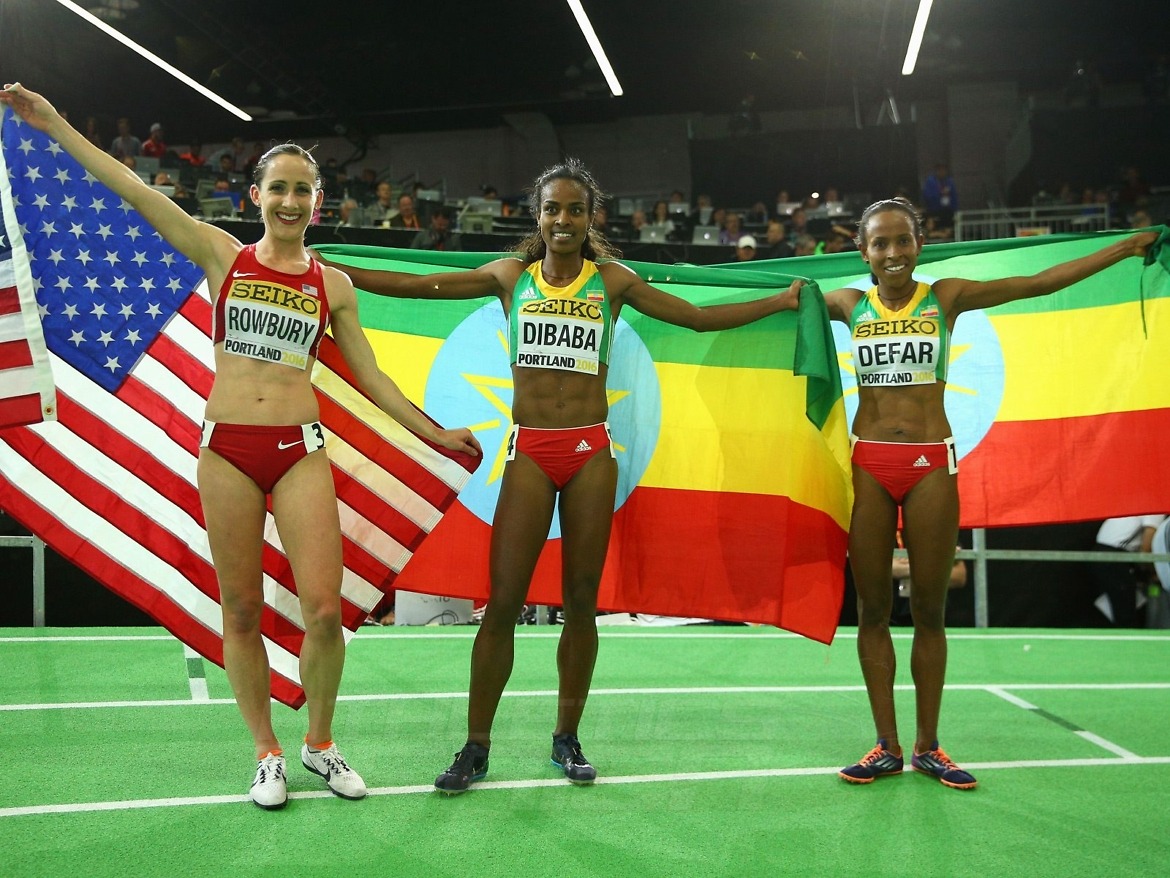 (L-R) Bronze medallist Shannon Rowbury of the United States, gold medallist Genzebe Dibaba of Ethiopia and silver medallist Meseret Defar of Ethiopia pose after the Women's 3000 Metres Final during day four of the IAAF World Indoor Championships at Oregon Convention Center on March 20, 2016 in Portland, Oregon. (Photo by Ian Walton/Getty Images for IAAF)