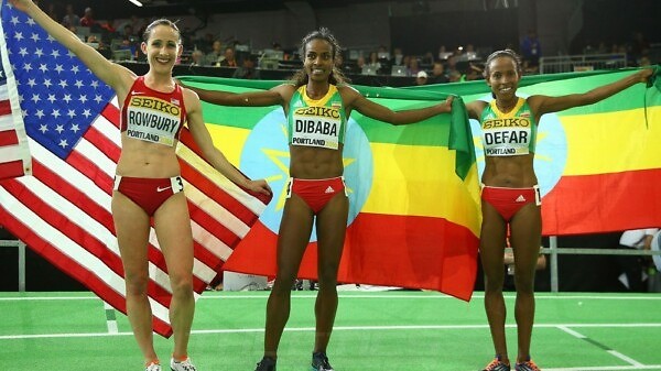 (L-R) Bronze medallist Shannon Rowbury of the United States, gold medallist Genzebe Dibaba of Ethiopia and silver medallist Meseret Defar of Ethiopia pose after the Women's 3000 Metres Final during day four of the IAAF World Indoor Championships at Oregon Convention Center on March 20, 2016 in Portland, Oregon. (Photo by Ian Walton/Getty Images for IAAF)