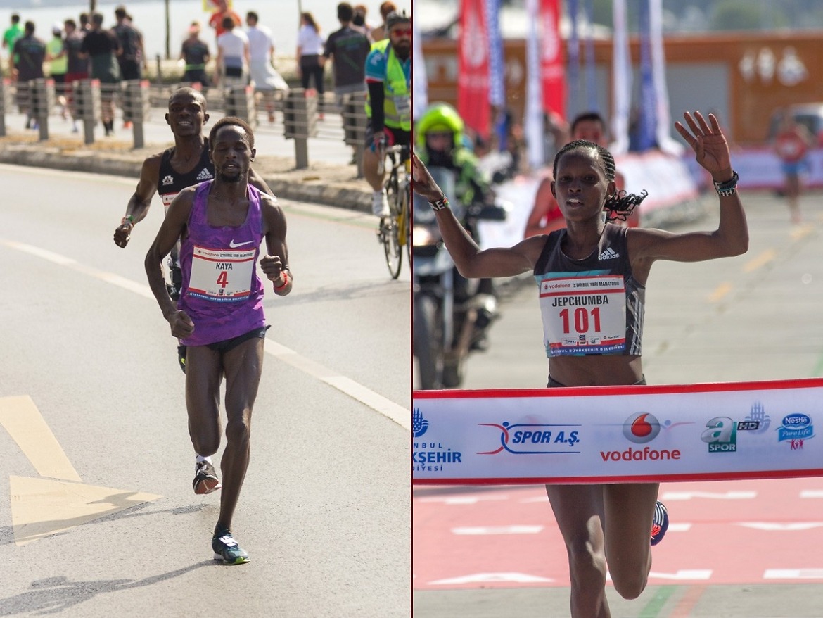 Violah Jepchumba (Kenya) and Ali Kaya (Turkey) winning at the 2016 Istanbul Half Marathon / Photo Credit: Bob Ramsak