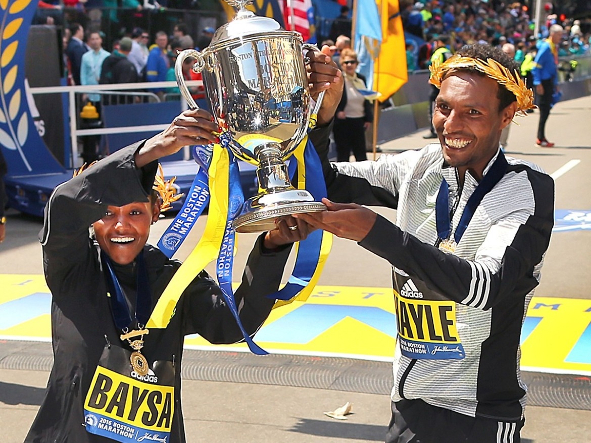 Ethiopian Lemi Berhanu Hayle edged defending champion Lelisa Desisa while Atsede Baysa beat a world-class field to win the 120th Boston Marathon