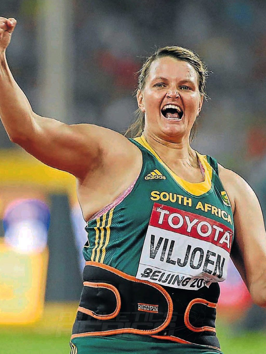 South Africa's Sunette Viljoen celebrates after winning the bronze medal in the women's javelin throw final during the IAAF World Championship Beijing 2015 / Photo credit: Getty Images for the IAAF