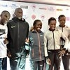 Elite athletes, from left to right: Patrick Makau, Cyprian Kotut, Gideon Kipketer; Gladys Chesir, Peres Jepchirchir, Agnes Tirop, Helah Kiprop. Photo credit: TCS World 10K organisers.
