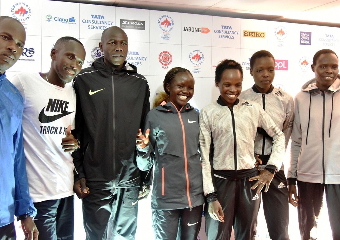 Elite athletes, from left to right: Patrick Makau, Cyprian Kotut, Gideon Kipketer; Gladys Chesir, Peres Jepchirchir, Agnes Tirop, Helah Kiprop. Photo credit: TCS World 10K organisers.