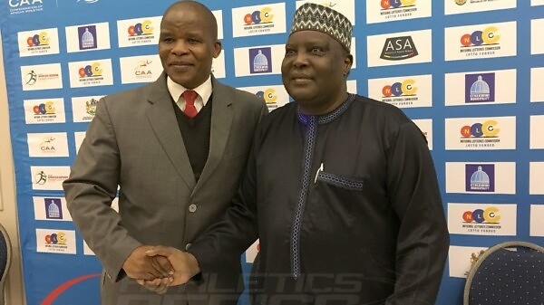 CAA President Hamad Kalkaba Malboum and ASA President Aleck Skhosana during the media conference at the 20th African Senior Championships in Durban June 25, 2016 / Photo credit: Yomi Omogbeja