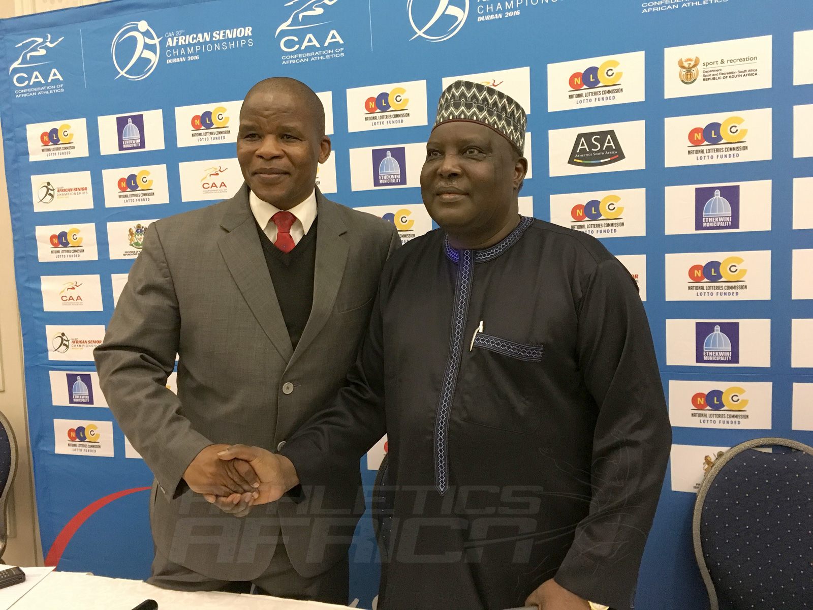 CAA President Hamad Kalkaba Malboum and ASA President Aleck Skhosana during the media conference at the 20th African Senior Championships in Durban June 25, 2016 / Photo credit: Yomi Omogbeja