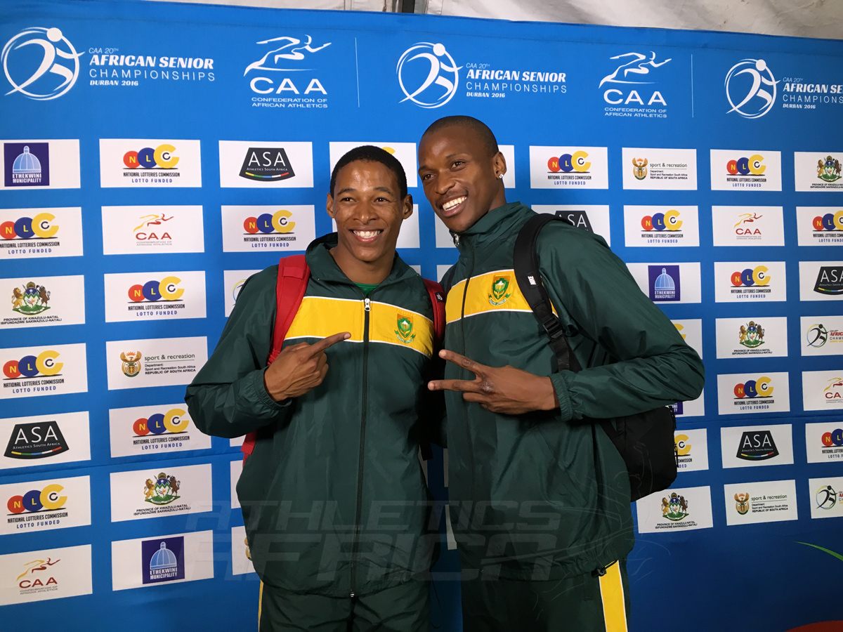 South Africans Ruswahl Samaai and Luvo Manyonga at the 20th African Senior Championships – Durban 2016 / Photo: Yomi Omogbeja