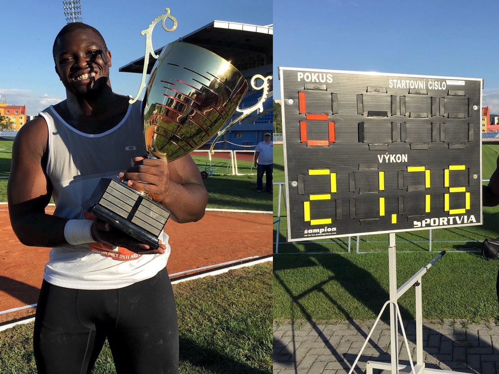 Nigeria's Stephen Mozia sets a new national Shot Put record at Usti nad Labem on Tuesday 19 July 2016.
