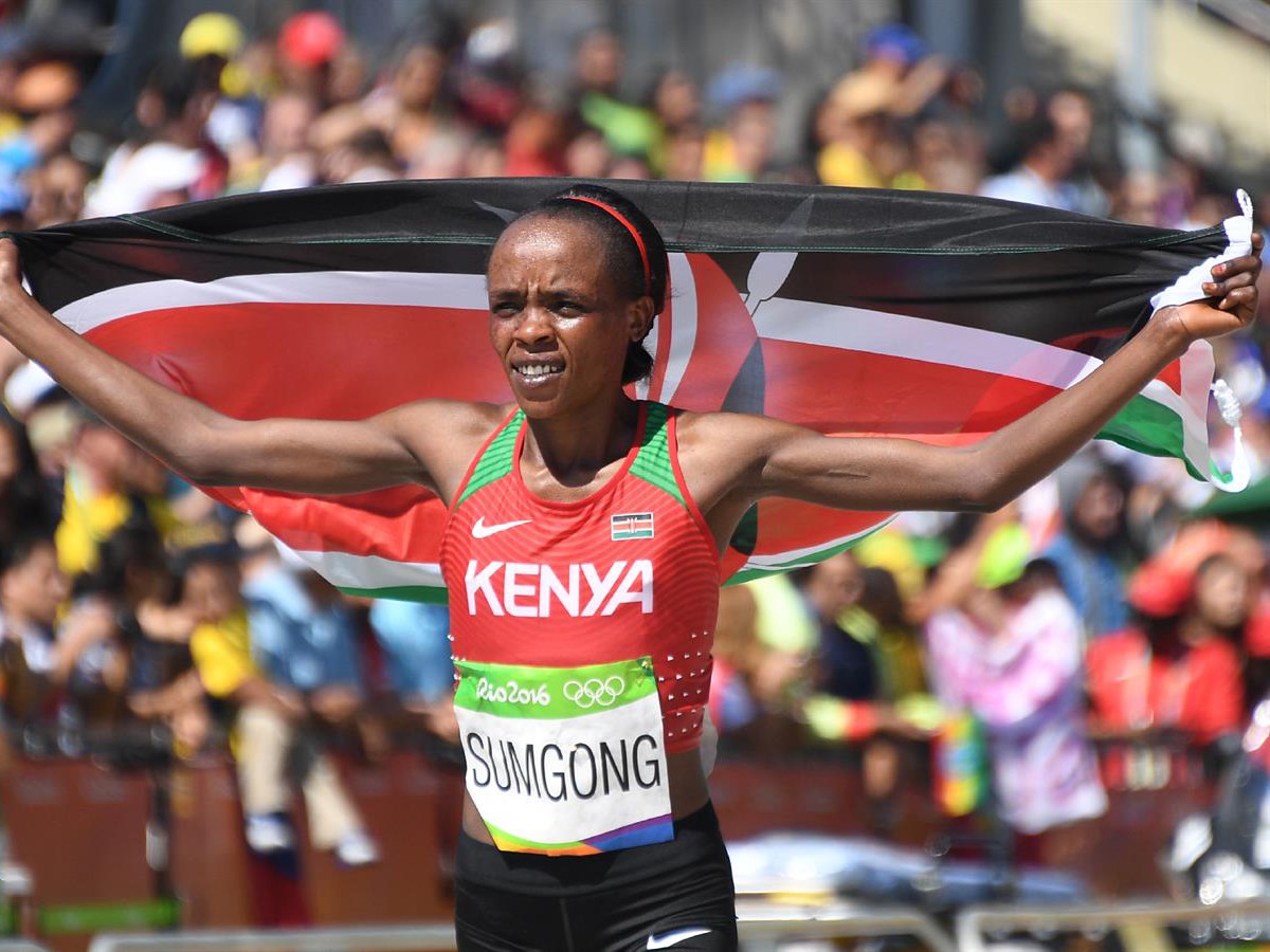Jemima Sumgong won the women's marathon in 2:24:04, nine seconds ahead of Bahrain's Eunice Jepkirui Kirwa at Rio 2016 Olympics/ Photo credit: Getty Images for the IAAF