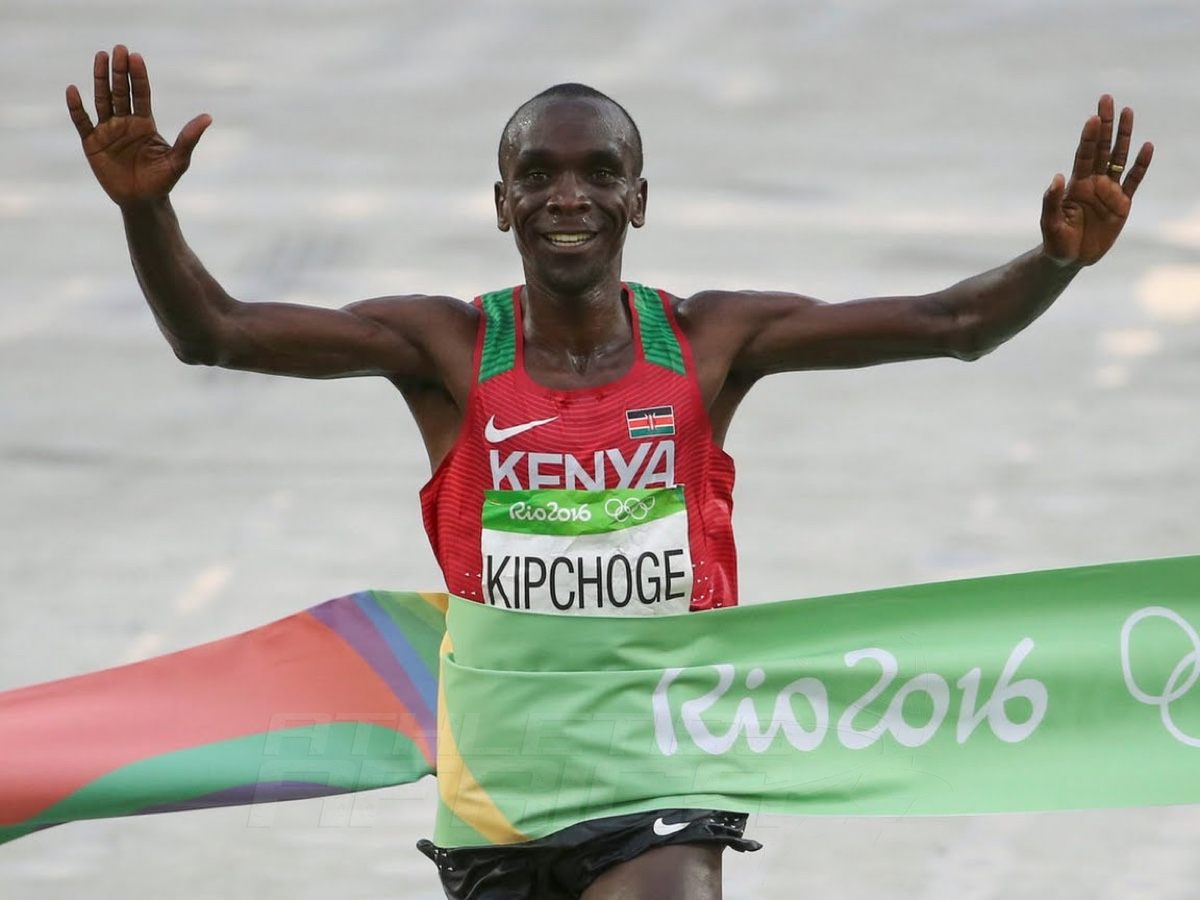 Kenya's Eliud Kipchoge winning the men's marathon gold on the final day of competition at the Rio 2016 Olympics in 2:08:44 / Photo Credit: Norman Katende